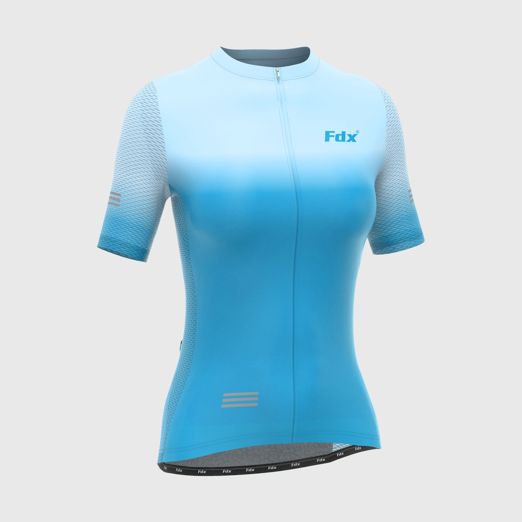 Fdx Women's Blue Short Sleeve Cycling Jersey for Summer Best Road Bike Wear Top Light Weight, Full Zipper, Pockets & Hi-viz Reflectors - Duo