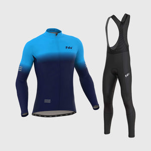 Fdx Mens Blue & Navy Blue Long Sleeve Cycling Jersey & Gel Padded Bib Tights Pants for Winter Roubaix Thermal Fleece Road Bike Wear Windproof, Hi-viz Reflectors & Pockets - Duo
