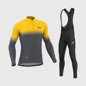 Fdx Mens Grey & Yellow Long Sleeve Cycling Jersey & Gel Padded Bib Tights Pants for Winter Roubaix Thermal Fleece Road Bike Wear Windproof, Hi-viz Reflectors & Pockets - Duo