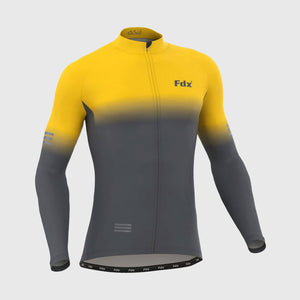 Fdx Men's Yellow & Grey Best Long Sleeve Cycling Jersey for Winter Roubaix Thermal Fleece Road Bike Wear Top Full Zipper, Pockets & Hi viz Reflectors - Duo