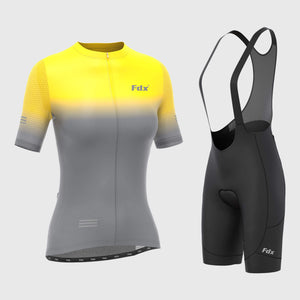 Fdx Womens Yellow & Grey Short Sleeve Cycling Jersey & Gel Padded Bib Shorts Best Summer Road Bike Wear Light Weight, Hi-viz Reflectors & Pockets - Duo