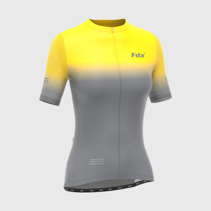 Fdx Women's Yellow & Grey Short Sleeve Cycling Jersey for Summer Best Road Bike Wear Top Light Weight, Full Zipper, Pockets & Hi-viz Reflectors - Duo