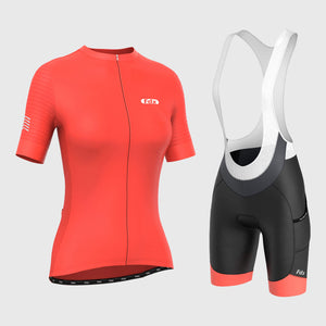 Fdx Women's Orange Short Sleeve Cycling Jersey & Gel Padded Bib Shorts Best Summer Road Bike Wear Light Weight, Hi-viz Reflectors & Pockets - Essential