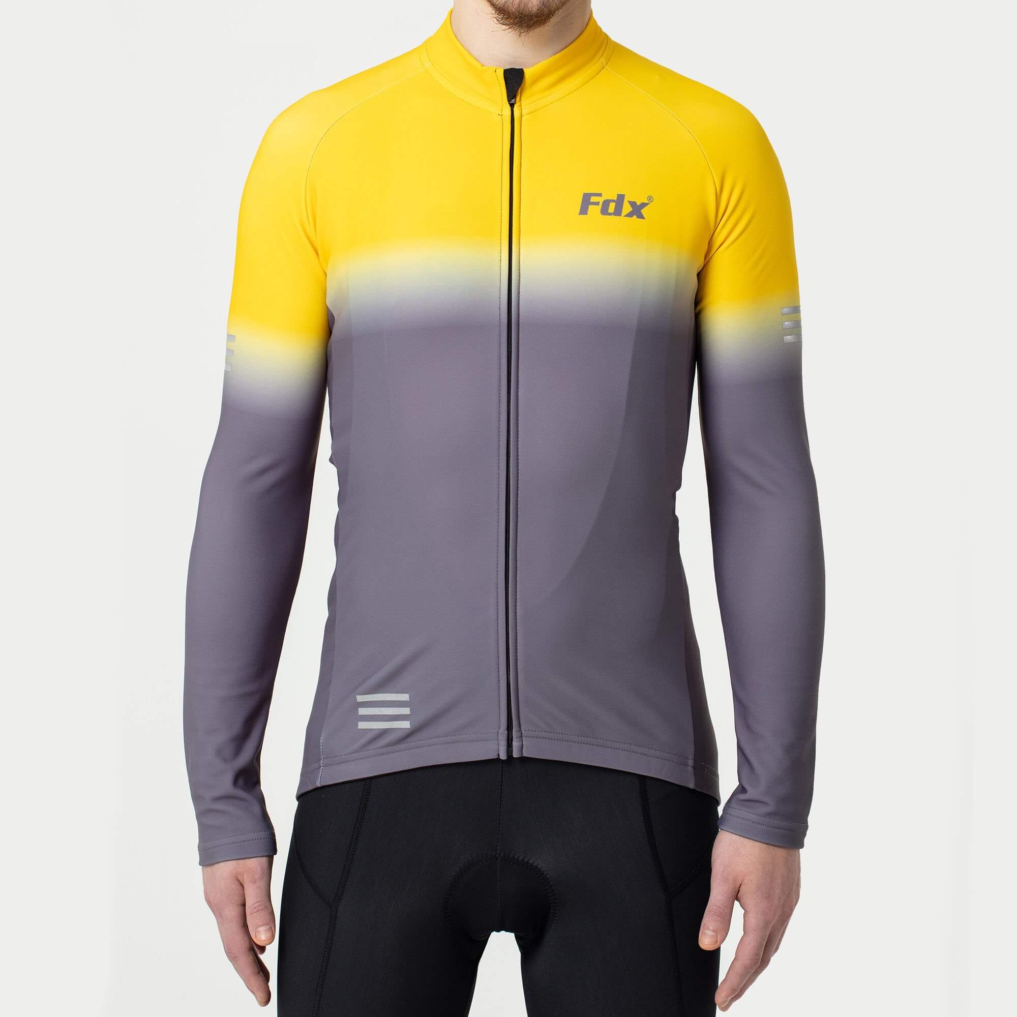 Fdx Mens Grey & Yellow Long Sleeve Cycling Jersey & Gel Padded Bib Tights Pants for Winter Roubaix Thermal Fleece Road Bike Wear Windproof, Hi-viz Reflectors & Pockets - Duo