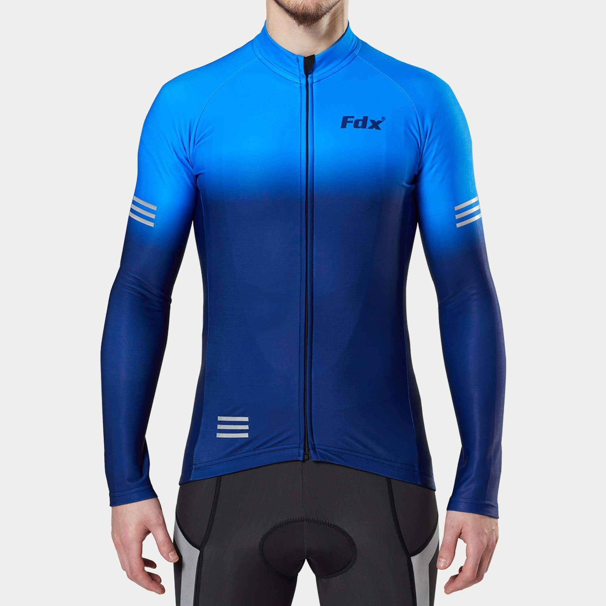 Fdx Mens Blue & Navy Blue Long Sleeve Cycling Jersey & Gel Padded Bib Tights Pants for Winter Roubaix Thermal Fleece Road Bike Wear Windproof, Hi-viz Reflectors & Pockets - Duo
