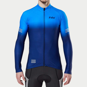 Fdx Mens Blue Long Sleeve Cycling Jersey for Winter Roubaix Thermal Fleece Road Bike Wear Top Full Zipper, Pockets & Hi-viz Reflectors - Duo