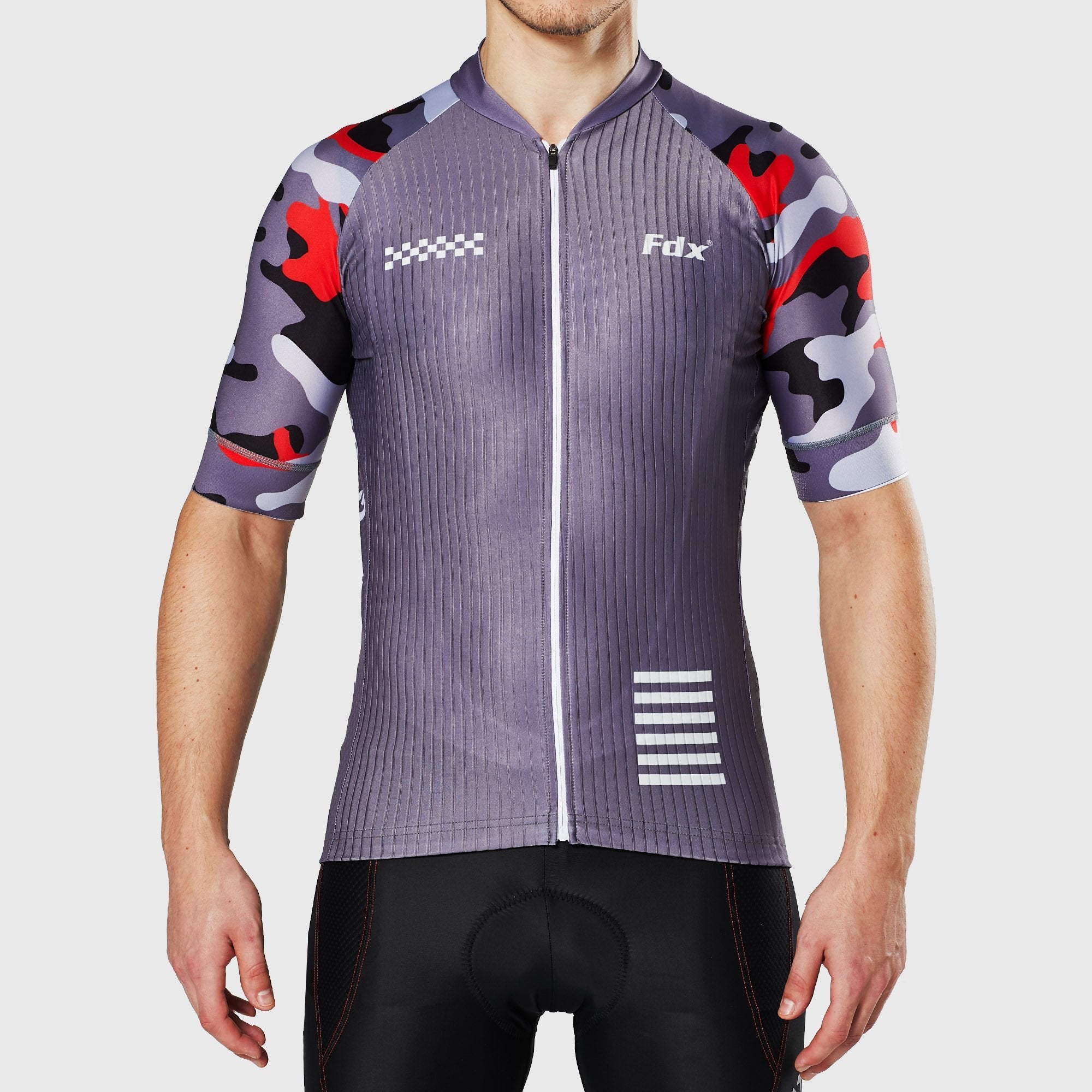 Fdx Men's Grey Camo Short Sleeve Cycling Jersey Best Summer Road Bike Wear Light Weight, Hi-viz Reflectors & Pockets - Camouflage
