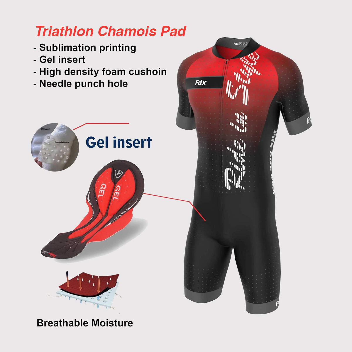 Fdx Mens Red Sleeveless Gel Padded Triathlon / Skin Suit for Summer Cycling Wear, Running & Swimming Half Zip - Aero
