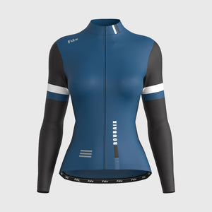 Fdx Womens Black & Blue Long Sleeve Cycling Jersey for Winter Roubaix Thermal Fleece Road Bike Wear Top Full Zipper, Pockets & Hi-viz Reflectors - Limited Edition
