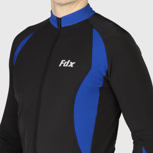 Fdx Storage Pockets Blue & Black Men's Long Sleeve Cycling Jersey for Winter Roubaix Thermal Fleece Road Bike Wear Top Full Zipper, Pockets & Hi viz Reflectors - Viper