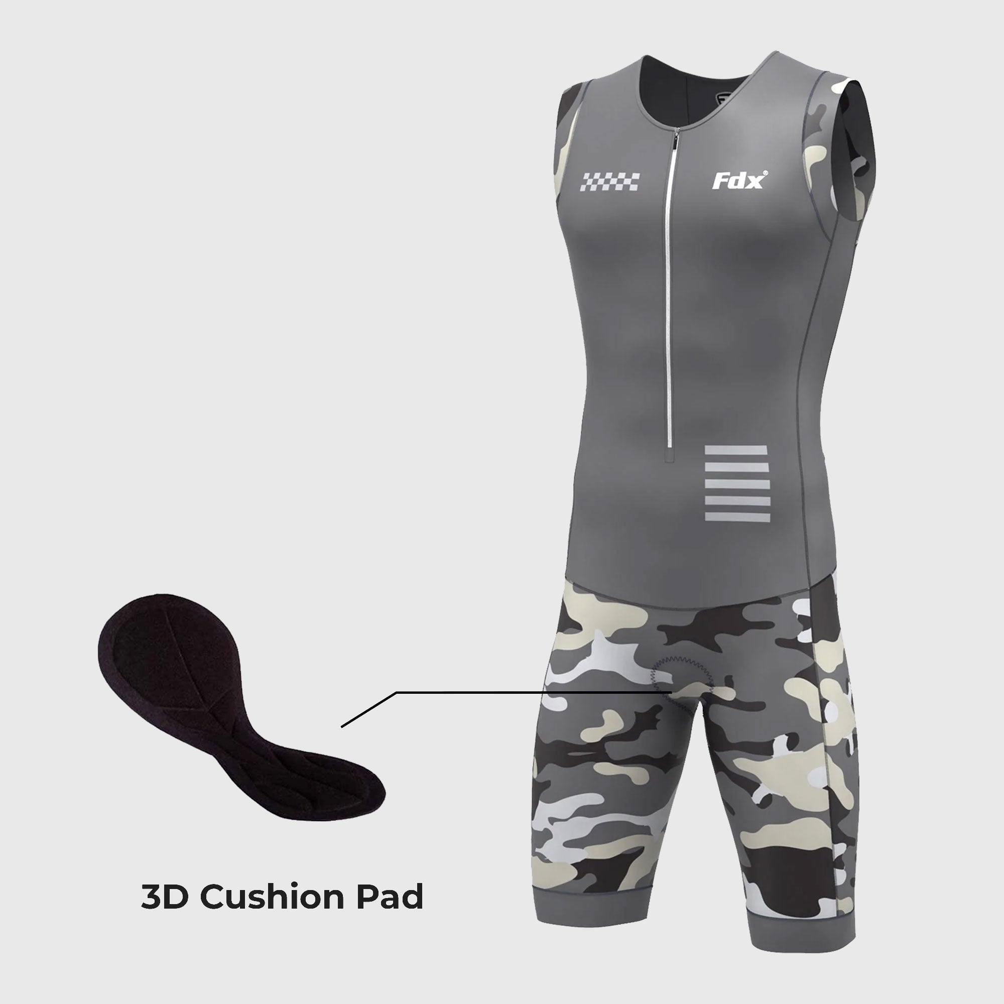 Fdx Mens Grey Sleeveless Gel Padded Triathlon / Skin Suit for Summer Cycling Wear, Running & Swimming Half Zip - Camouflage