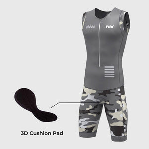 Fdx Men's Grey Sleeveless Gel Padded Triathlon / Skin Suit for Summer Cycling Wear, Running & Swimming Half Zip Reflective Details- Camouflage