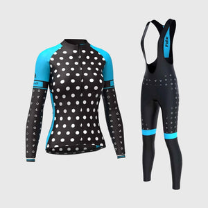 Fdx Women's Black & Blue Long Sleeve Cycling Jersey & Gel Padded Bib Tights Pants for Winter Roubaix Thermal Fleece Road Bike Wear Windproof, Hi-viz Reflectors & Pockets - Polka Dots