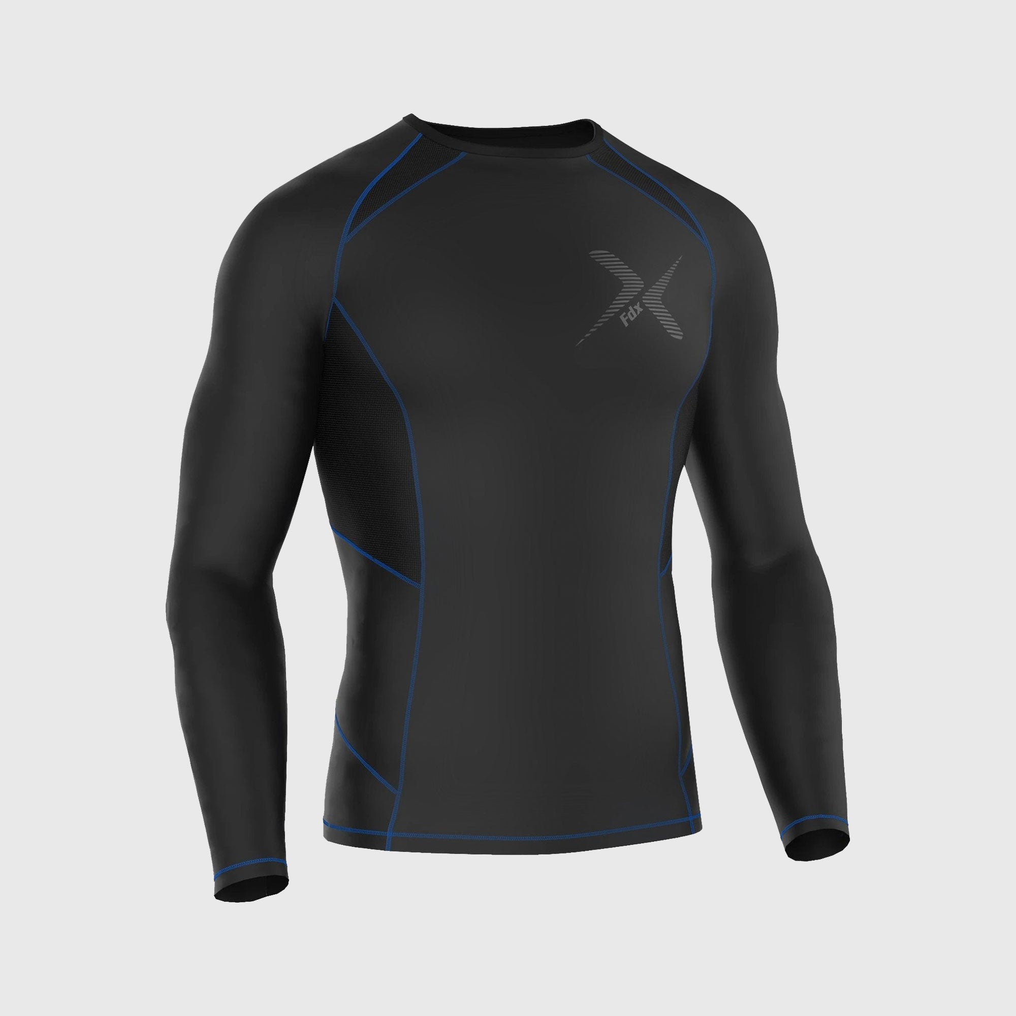 Fdx Best Men's Black & Blue Long Sleeve Compression Top Running Gym Workout Wear Rash Guard Stretchable Breathable - Recoil