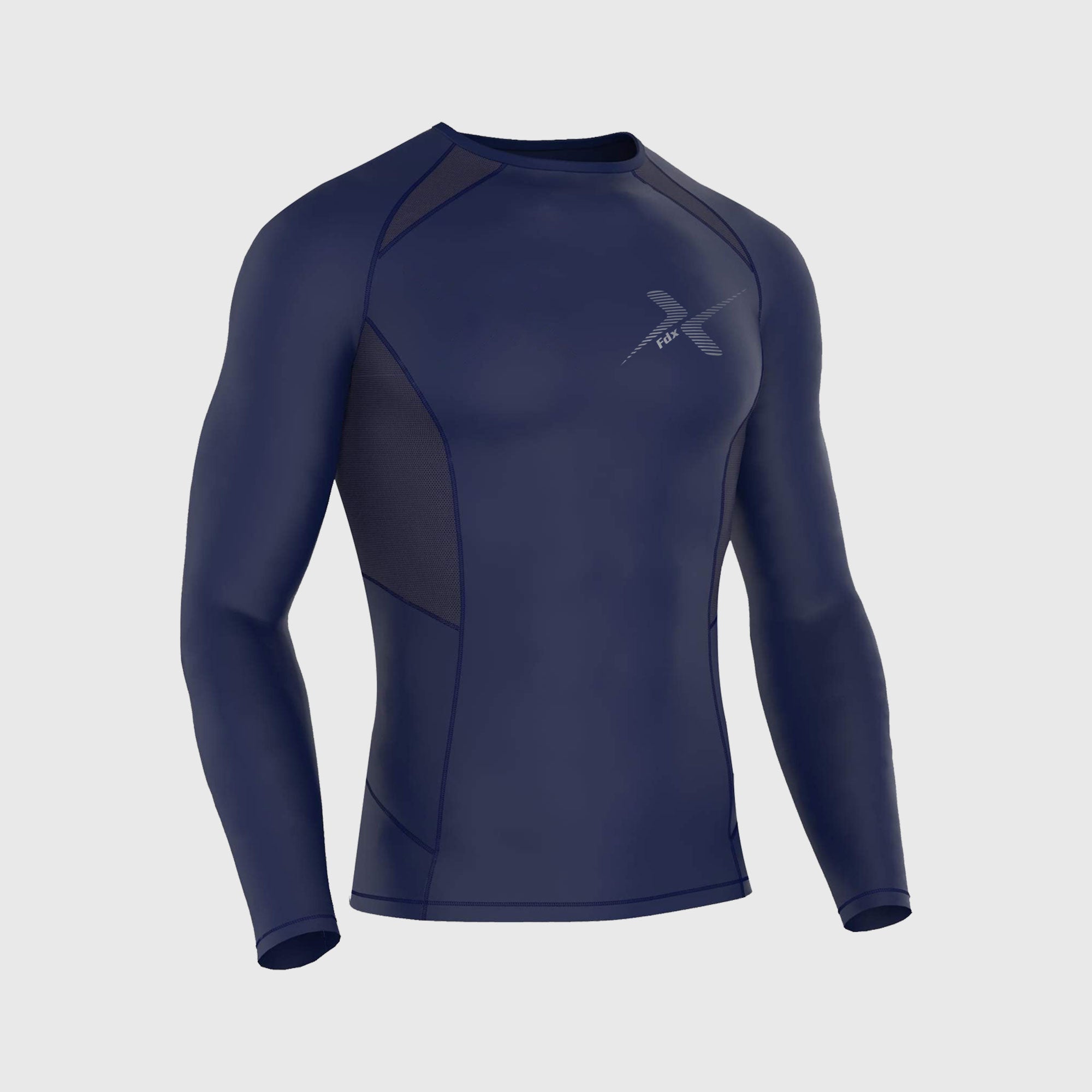 Fdx Best Men's Navy Blue Long Sleeve Compression Top Running Gym Workout Wear Rash Guard Stretchable Breathable - Recoil