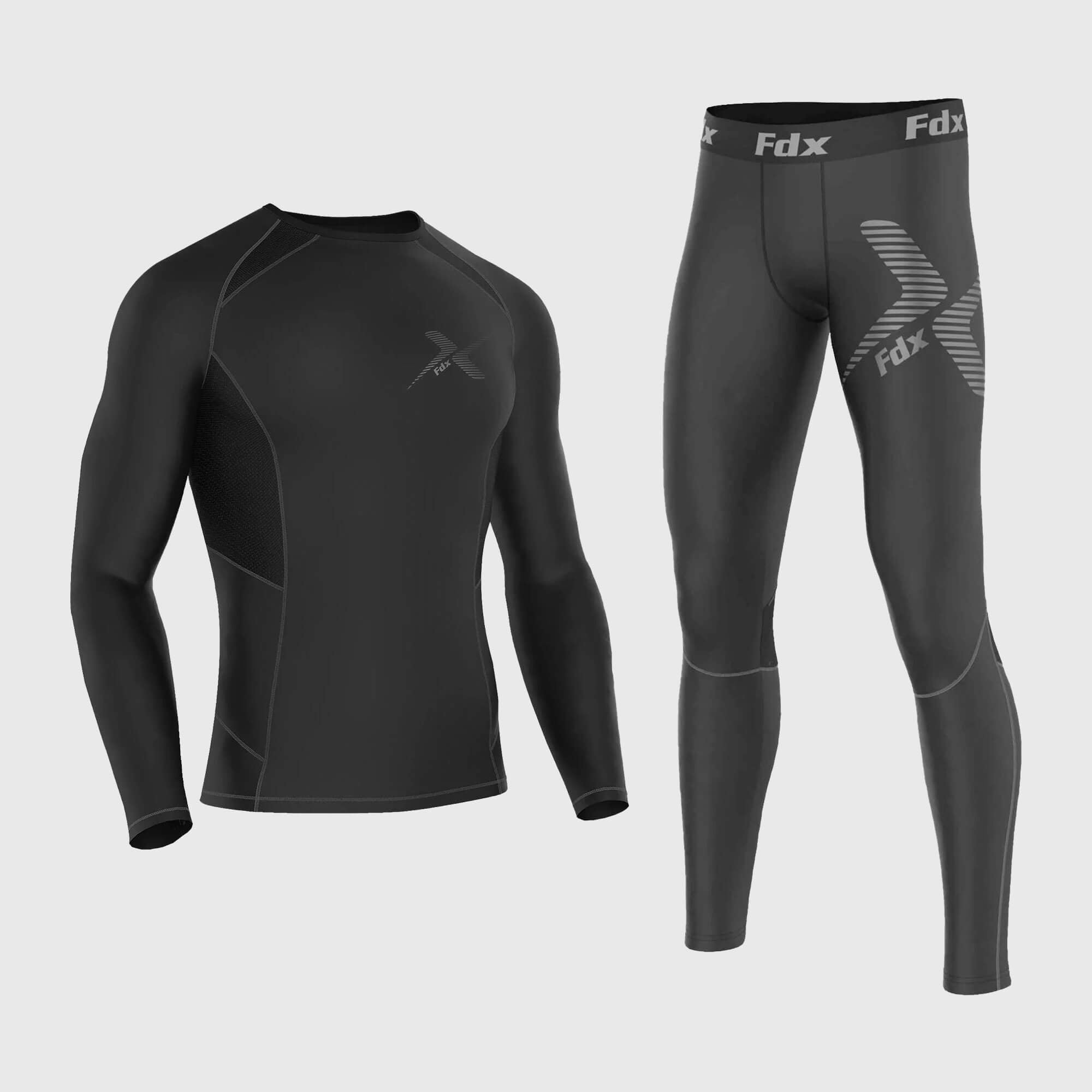 Fdx Mens Grey Long Sleeve Compression Top & Compression Tights Base Layer Gym Training Jogging Yoga Fitness Body Wear - Recoil