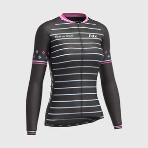 Fdx Best Women's Black & Pink Long Sleeve Cycling Jersey for Winter Roubaix Thermal Fleece Shirt Road Bike Wear Top Full Zipper, Lightweight  Pockets & Hi viz Reflectors - Ripple