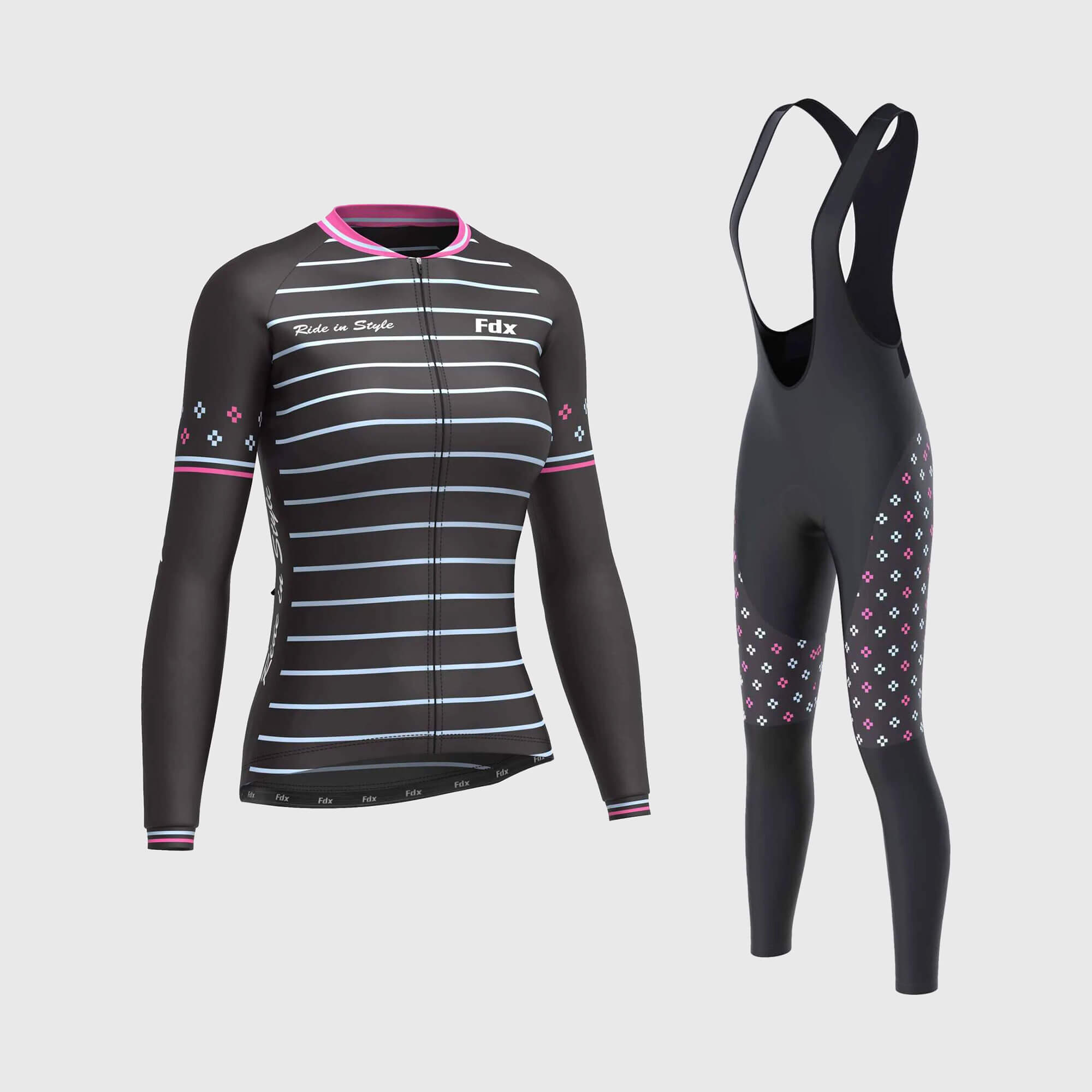 Fdx Women's Black & Pink Blue Long Sleeve Cycling Jersey & Gel Padded Bib Tights Pants for Winter Roubaix Thermal Fleece Road Bike Wear Windproof, Hi-viz Reflectors & Pockets - Ripple