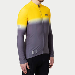 Fdx Mens Thermal Yellow & Grey Long Sleeve Cycling Jersey for Winter Roubaix Fleece Road Bike Wear Top Full Zipper, Pockets & Hi-viz Reflectors - Duo