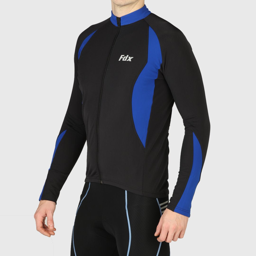 Fdx Men's Best Black & Blue Long Sleeve Cycling Jersey for Winter Roubaix Thermal Fleece Road Bike Wear Top Full Zipper, Pockets & Hi viz Reflectors - Viper