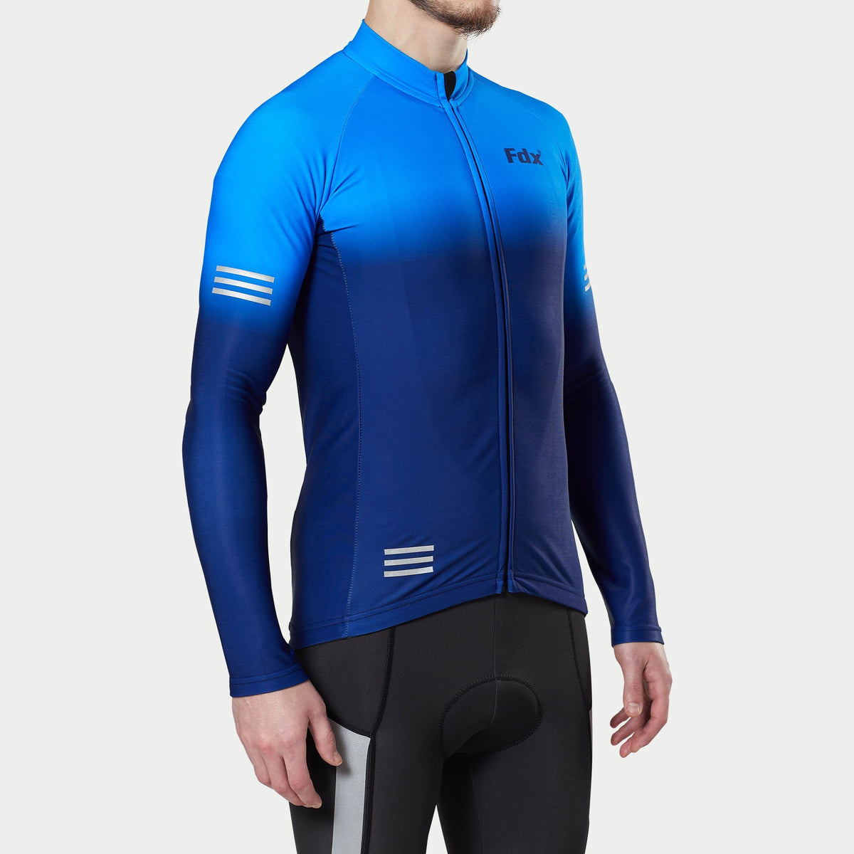 Fdx Men's Thermal Blue Long Sleeve Cycling Jersey for Winter Roubaix Fleece Road Bike Wear Top Full Zipper, Pockets & Hi viz Reflectors - Duo