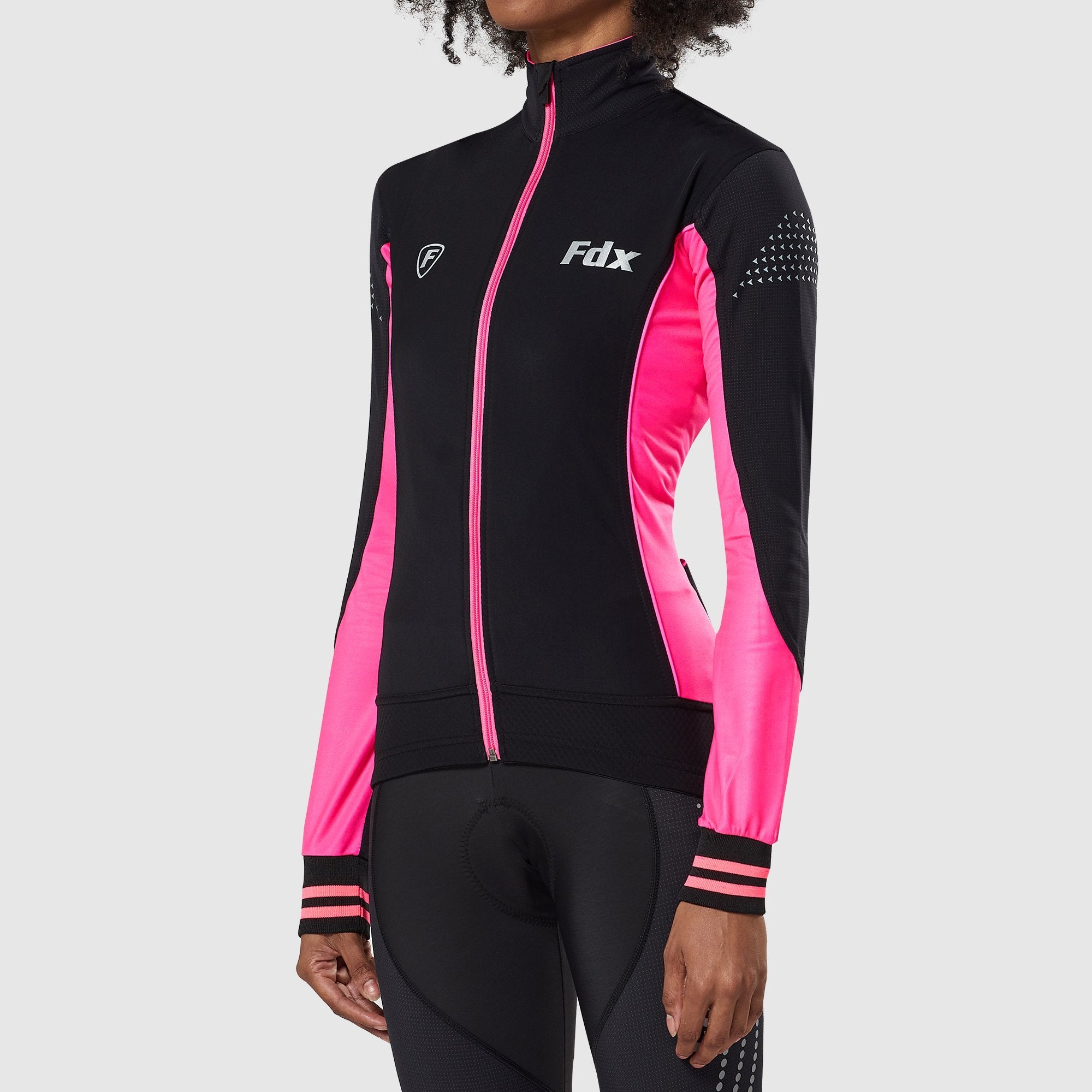 Fdx Best Women's Black & Pink Long Sleeve Cycling Jersey for Winter Roubaix Thermal Fleece Shirt Road Bike Wear Top Full Zipper, Lightweight  Pockets & Hi viz Reflectors - Thermodream