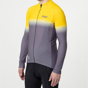 Fdx Men's Reflective Grey & Yellow Long Sleeve Cycling Jersey for Winter Roubaix Thermal Fleece Road Bike Wear Top Full Zipper, Pockets & Hi viz Reflectors - Duo