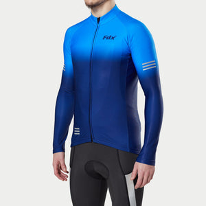 Fdx Men's Best Warm Long Sleeve Cycling Jersey Blue for Winter Roubaix Thermal Fleece Road Bike Wear Top Full Zipper, Pockets & Hi viz Reflective strips - Duo