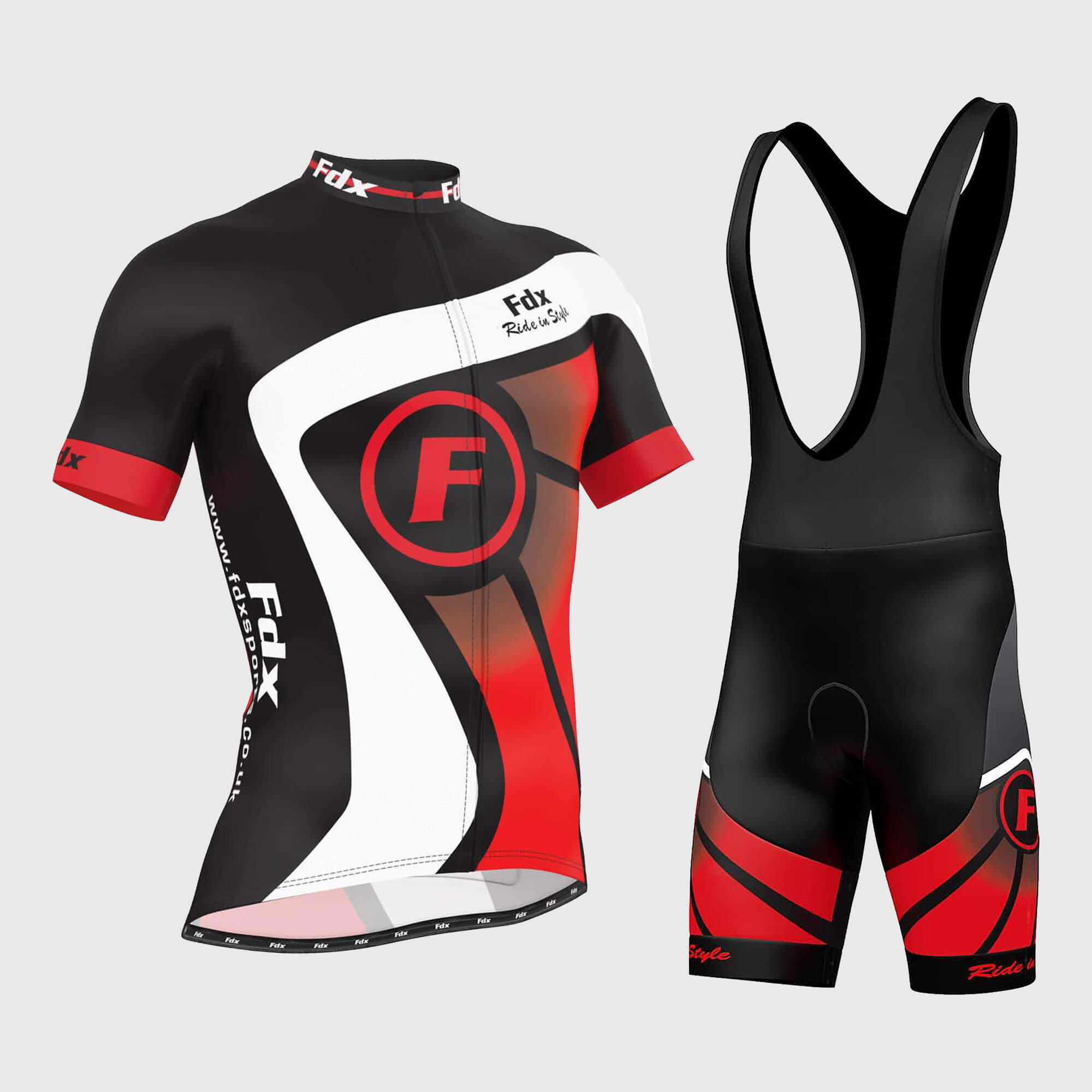 Fdx Mens Black & Red Short Sleeve Cycling Jersey & Gel Padded Bib Shorts Best Summer Road Bike Wear Light Weight, Hi-viz Reflectors & Pockets - Signature