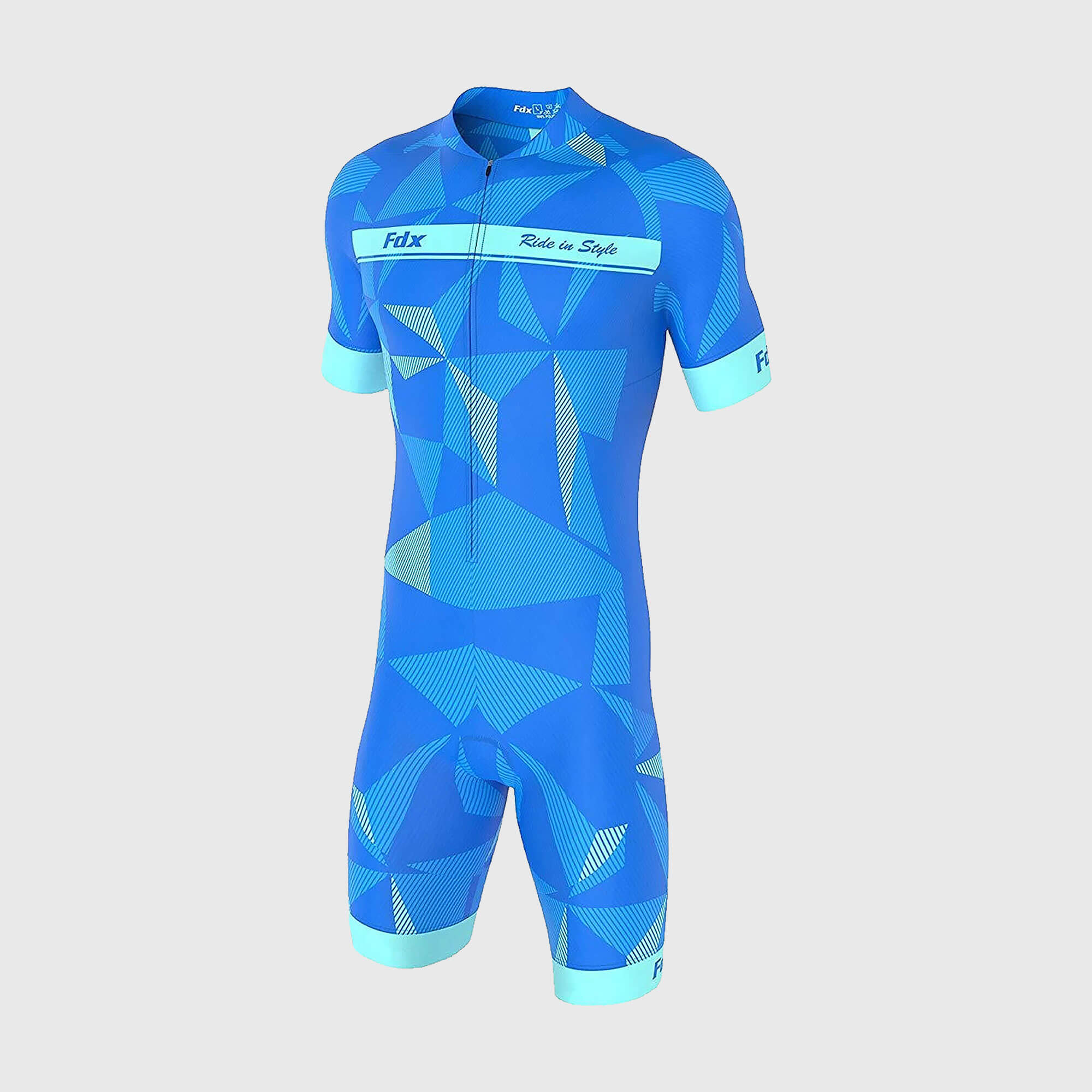 Fdx Mens Blue Short Sleeve Gel Padded Triathlon / Skin Suit for Summer Cycling Wear, Running & Swimming Half Zip - Splinter