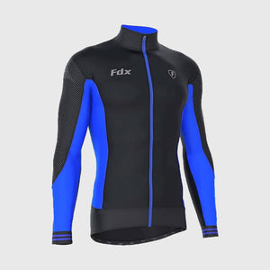 Fdx Best Men's Black & Blue Long Sleeve Cycling Jersey for Winter Roubaix Thermal Fleece Road Bike Wear Top Full Zipper, Pockets & Hi viz Reflectors - Thermodream