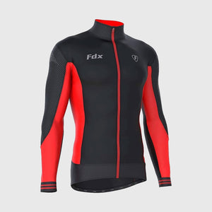 Fdx Best Men's Black & Red Long Sleeve Cycling Jersey for Winter Roubaix Thermal Fleece Road Bike Wear Top Full Zipper, Pockets & Hi viz Reflectors - Thermodream