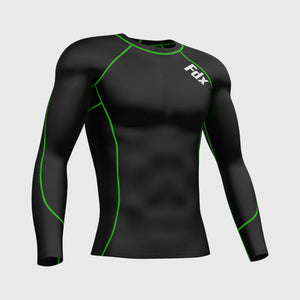 Fdx Men's Black & Green Long Sleeve Compression Top Running Gym Workout Wear Rash Guard Stretchable Breathable - Thermolinx