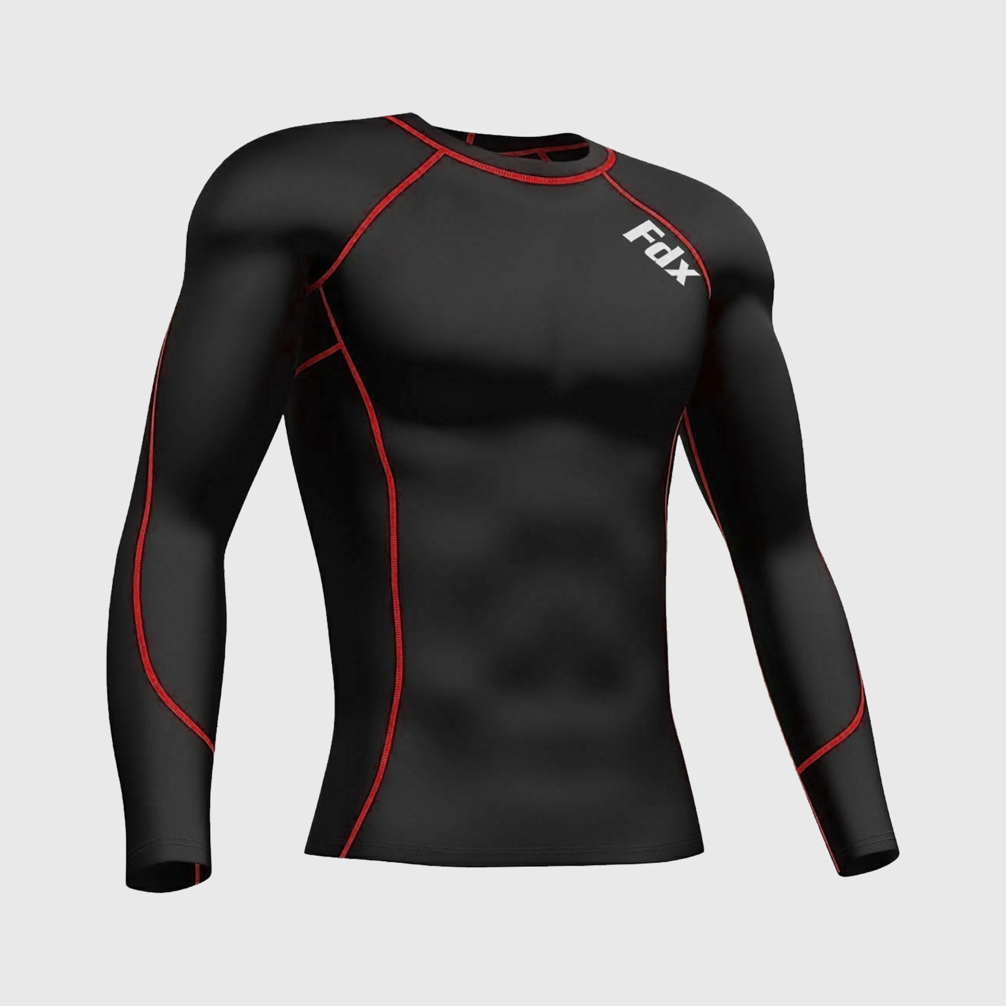 Fdx Men's Black & Red Long Sleeve Compression Top Running Gym Workout Wear Rash Guard Stretchable Breathable - Thermolinx