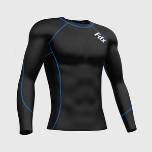 Fdx Men's Black & Blue Long Sleeve Compression Top Running Gym Workout Wear Rash Guard Stretchable Breathable - Thermolinx